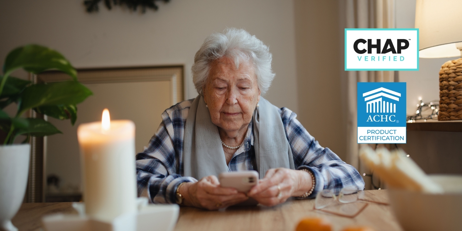 Grieving elderly woman. CHAP Verified and ACHC Product Certification.